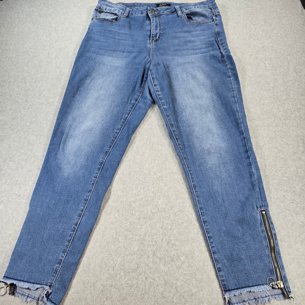 Earl Jean Womens Skinny Ankle Jeans Blue Medium Wash Frayed Hem Zipper Size 16